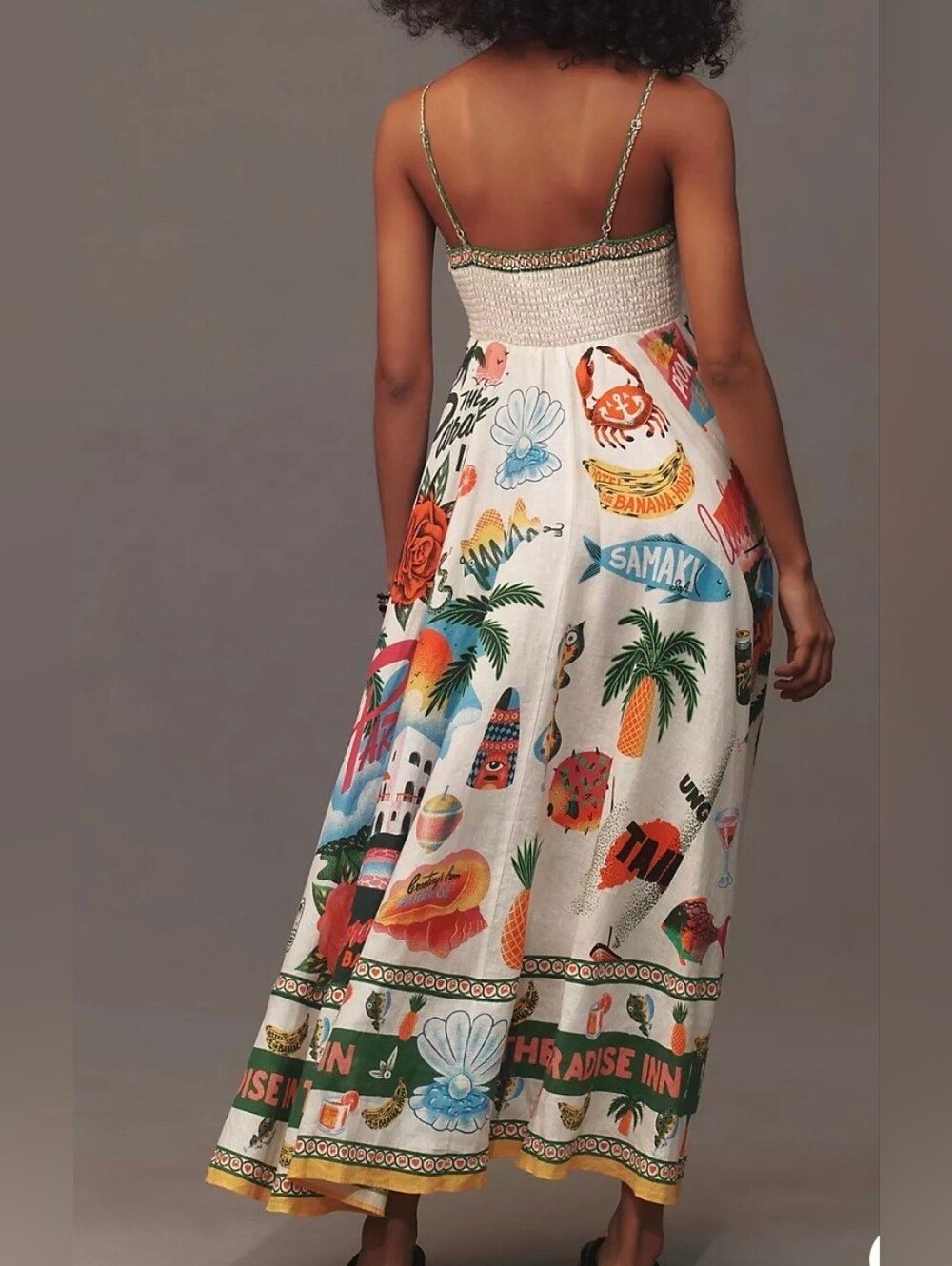 White Tropical Print Maxi Dress with Green Trim Sz M - Picture 3 of 4